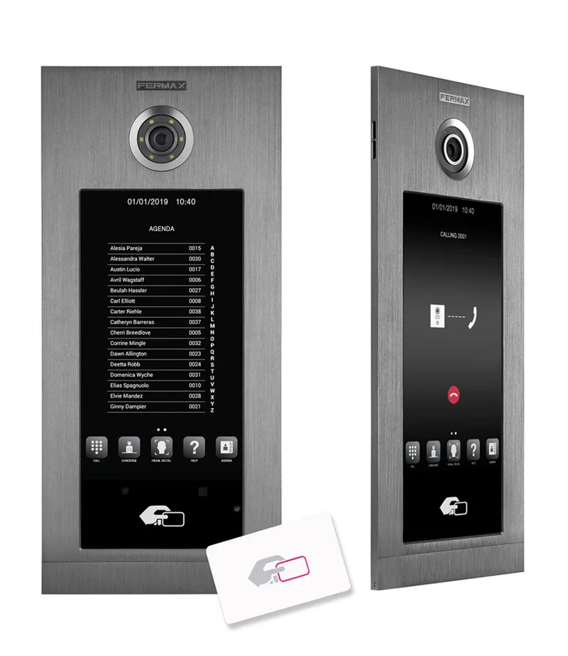 פאנל אינטרקום IP חכם Fermax MEET KIN לבניין, מסך מגע 10 אינץ עם מצלמה, זיהוי פנים, ספר דיירים וקורא תג קרבה