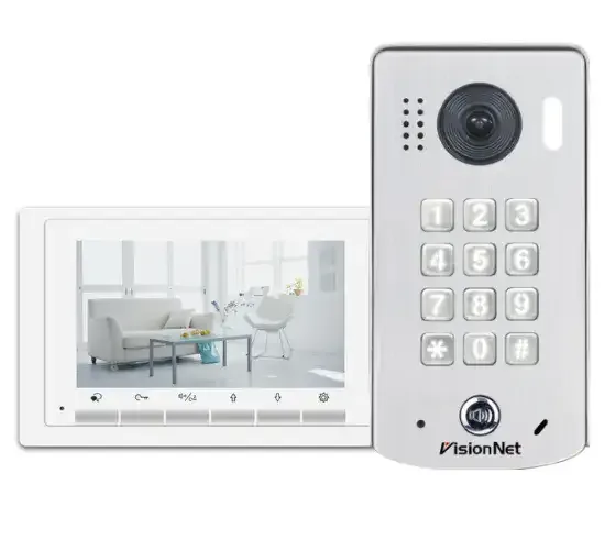 ערכת אינטרקום VisionNet לבית פרטי: פאנל דלת חיצוני עם מצלמה וקודן, לצד מסך צבע 7 אינץ לבית
