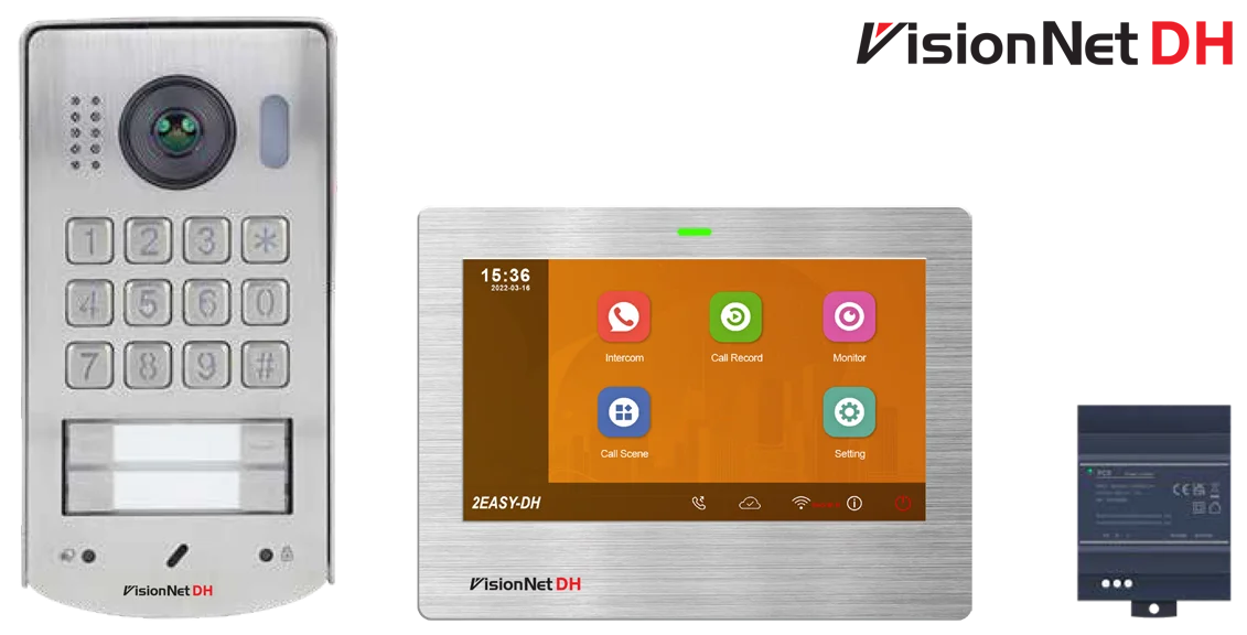 ערכת אינטרקום VisionNet DH לשתי משפחות, פאנל נירוסטה דו-לחצני עם מצלמה וקודן, מסך מגע 7 אינץ WiFi וספק כוח
