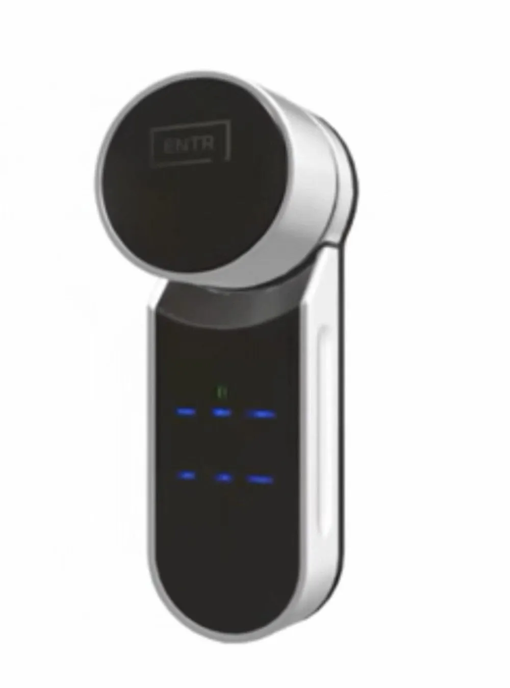 מנעול חכם ENTR של רב בריח, גוף אנכי עם לוח מגע מואר וראש סובב מעל הצילינדר